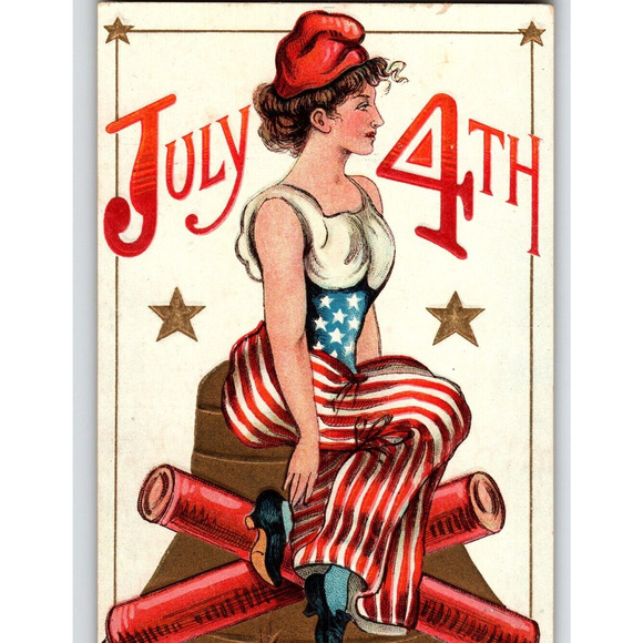 4th Of July Independence Day Postcard Lady Sits On Giant...